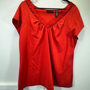 Apostrophe Stretch V Neck Crochet Trim Top Women XL Red Cotton Blend Minimalist